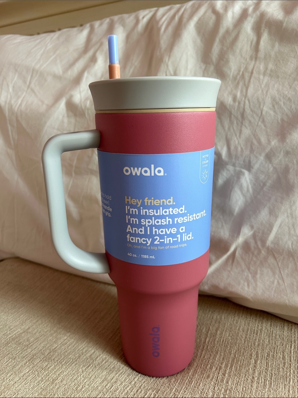 Owala Insulated Travel Mug with Handle — Pink and Light Gray